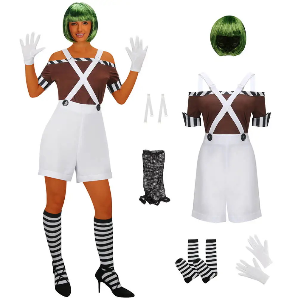 Women's  Loompa Chocolate Factory Worker Costume Oompa Outfits With Wig