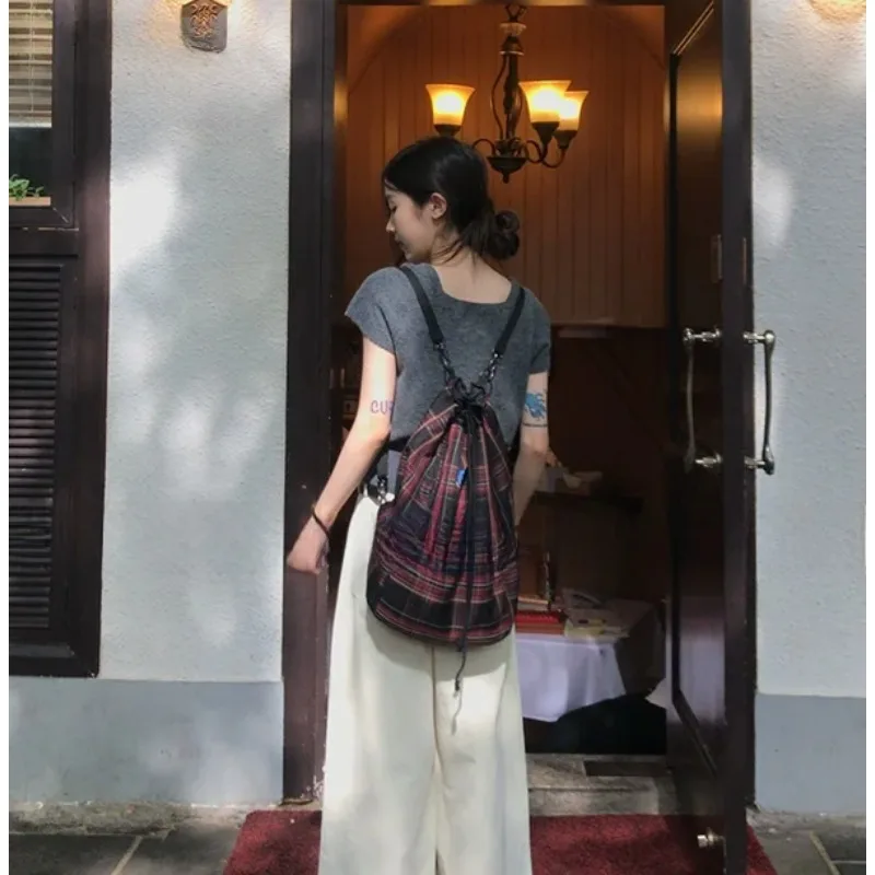 2025New Retro Red Plaid Large Capaci Backpack Drawstring Closure Shoulder Bag Casual Slish Polyester Women's Backpack