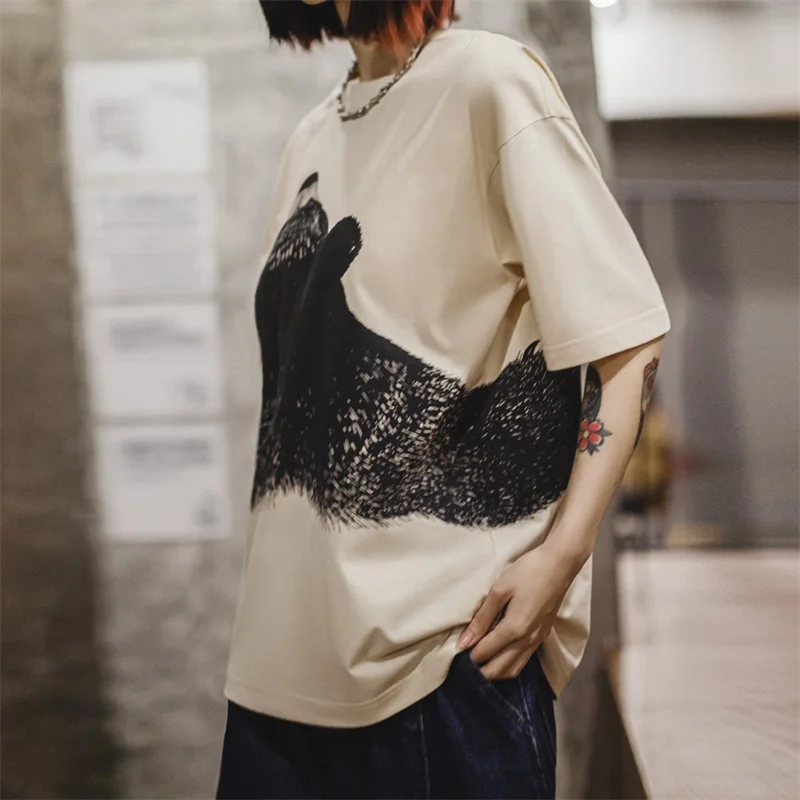 Maden Oversized Bear Print Short Sleeve T-Shirt Women's Summer Apricot Loose Fit Ribbed Crew Neck Tee Cute Casual Street Tops image 3