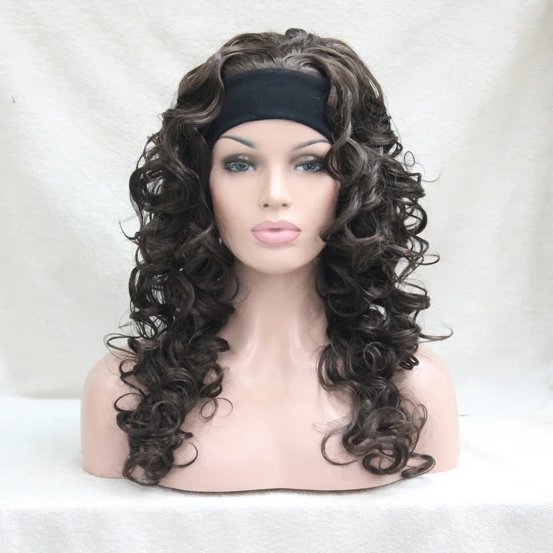 

New Fashion Sexy Medium Brown 3/4 With Headband Curly Long Half Wig