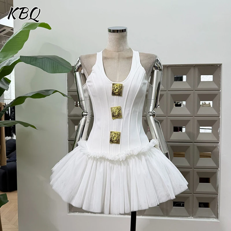 

KBQ Temperament Slimming Spliced Sequins Dresses for Women Halter Sleeveless High Waist Mesh A Line Dress Female Fahsion Style