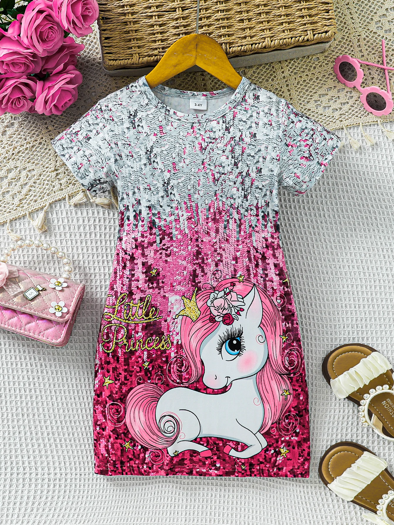 Girl\'s dress Summer girl skirt Cartoon unicorn print Imitation bead printing Short sleeved dress