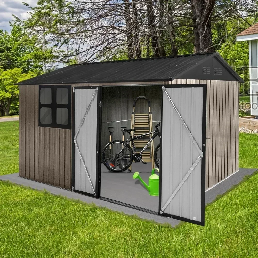 Sheds w/ Window 10FT x 8FT Outdoor & Storage Clearance, Metal Anti-Corrosion Utility Tool House w/Lockable Door & Shutter Vents