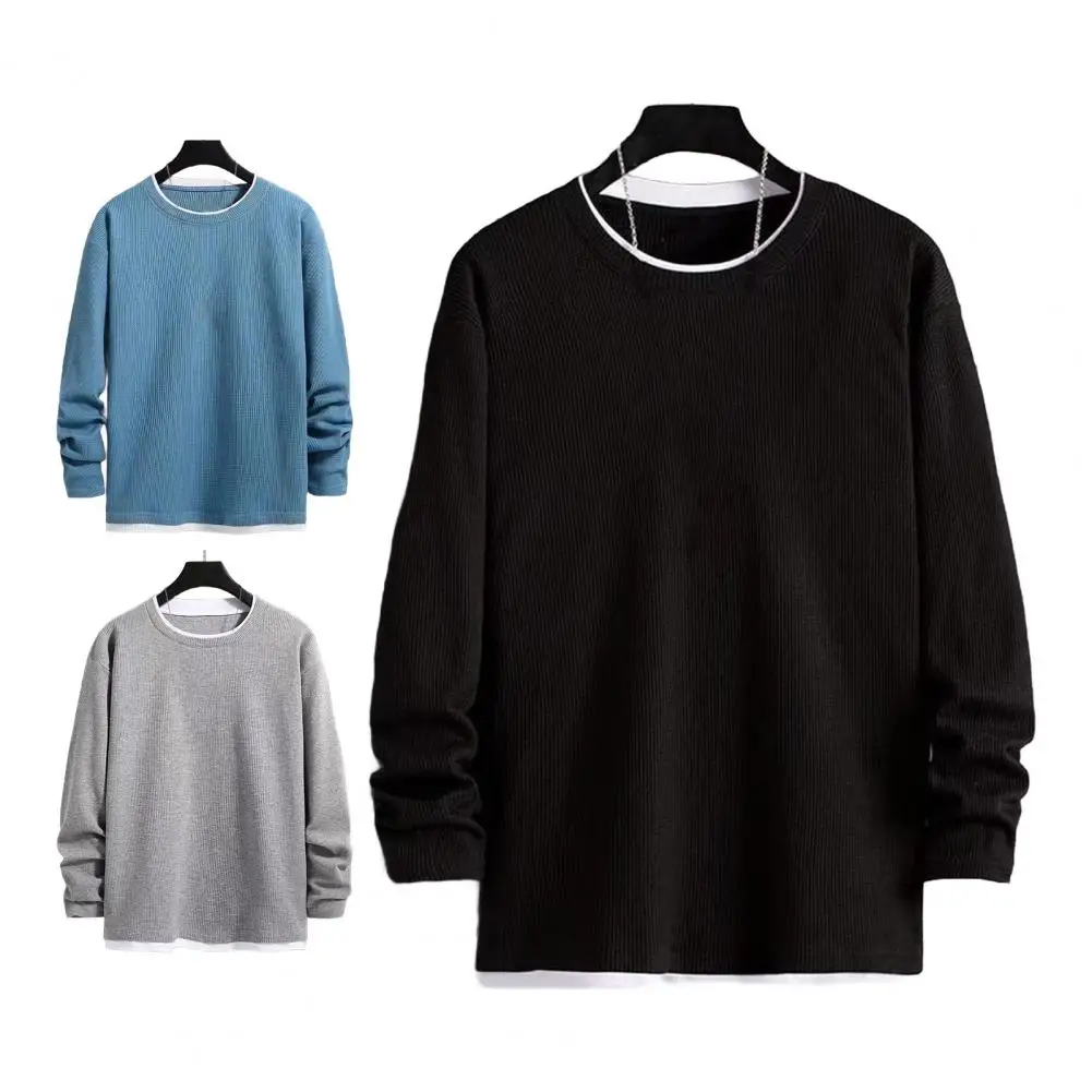 

Мужская футболка с длинными рукавами из чистого хлопка, весна-осень 2021, модная повседневная универсальная рубашка из двух частей с круглым вырезом