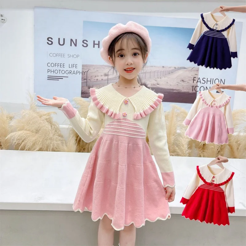 

Girl's Ruffled Korean Western Style Knitted Princess Dress Girls Autumn Clothing.