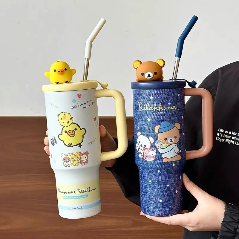Kawaii Rilakkuma Insulated Cup With Straw 970ml Large Capacity Water Cup Printing Drinking Cup Easy Bear Anime Peripheral Gifts