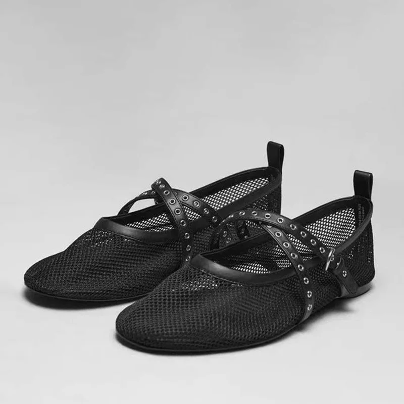 

TRAF Ventilate Mesh Flat Boat Shoes For Woman Summer Black Round Head Shallow Mouth Sandals Women Casual Chic Flats For Woman