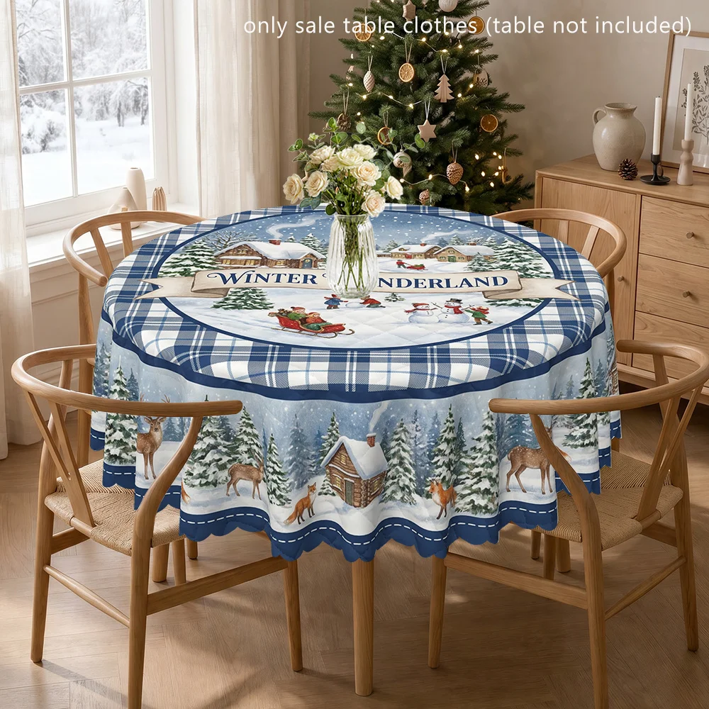 Winter Wonderland Snow Village and Wildlife Polyester Printed Tablecloth, Round Table Cover