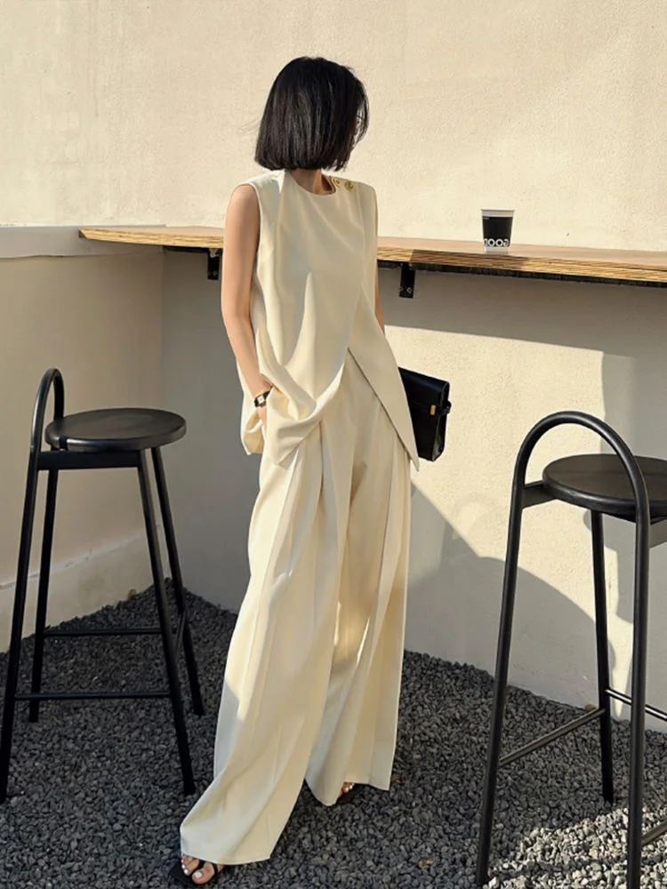 Women\'s Sleeveless Tank Top and Wide Legs Pants, Elegant Suits, High Streetwear, Long Loose Pants Solid Summer Fashion 2 Pcs/Set