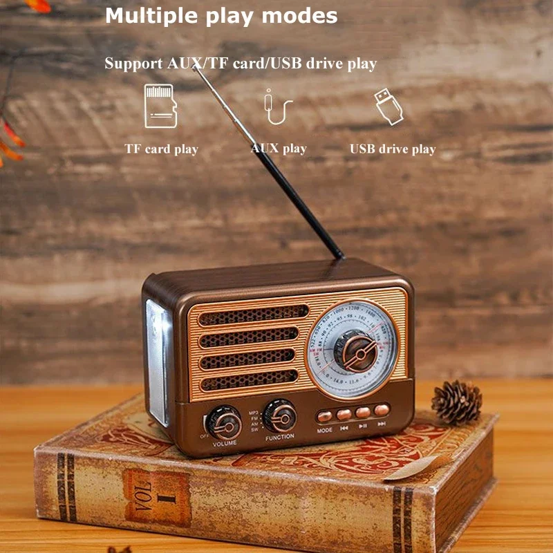 Portable Retro Radio Mini FM/AM/SW Radio Receiver Vintage Bluetooth Speaker With LED Flashlight Support TF Card USB AUX Play