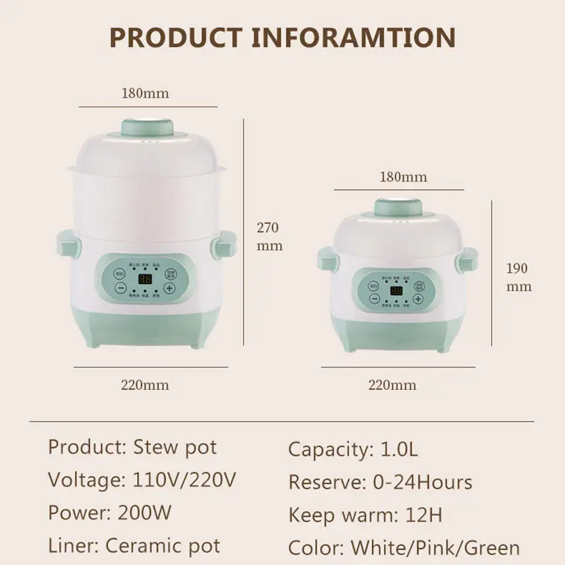 Olla de estofado eléctrica con vaporizador, olla de cerámica multifuncional de 110V y 220V, 1L, cocina lenta, gachas, Nido de Pájaros, tónico para embarazadas