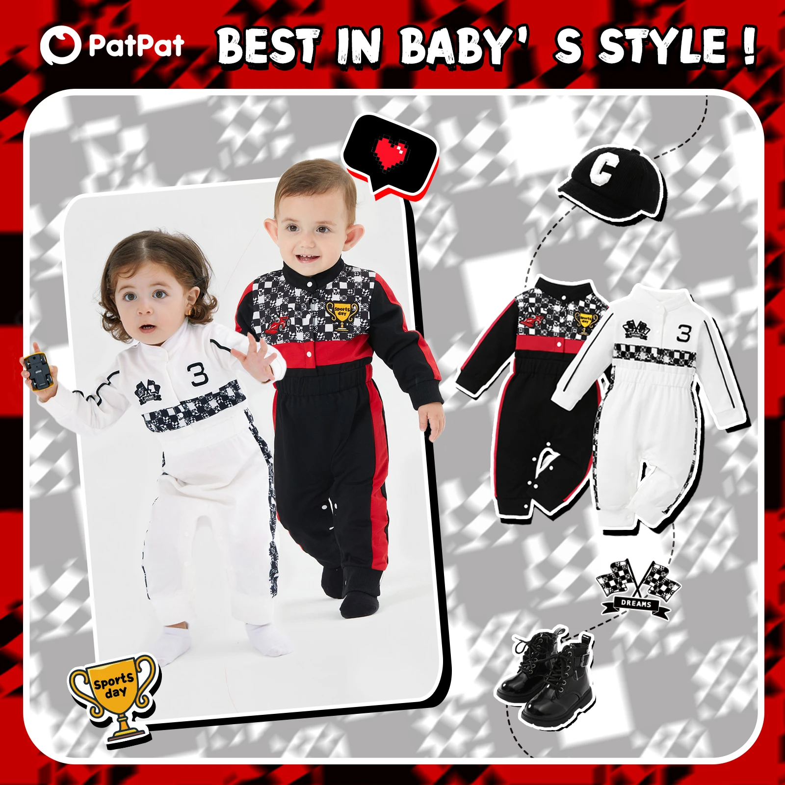 PatPat Racing Driver Baby Boy/Girl Sporty Grid Jumpsuit Autumn Spring