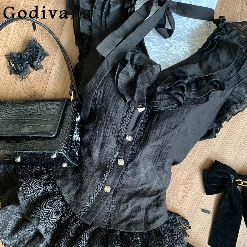 Conjunto de dos piezas para mujer, estilo puro deseo, dulce encaje negro, Top de retazos, falda de pastel hinchada, trajes femeninos de estilo Lolita