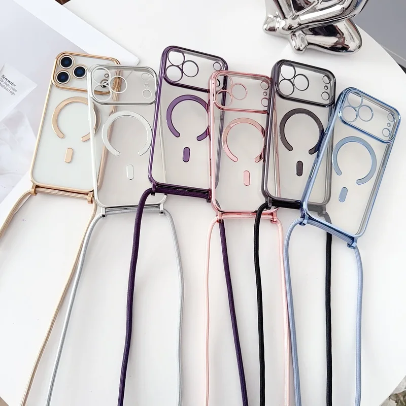 

Magnetic Crossboby Lanyard Phone Case For iPhone 17 16 15 14 13 Pro Max For Magsafe Clear Plating Soft TPU Cord Rope Strap Cover