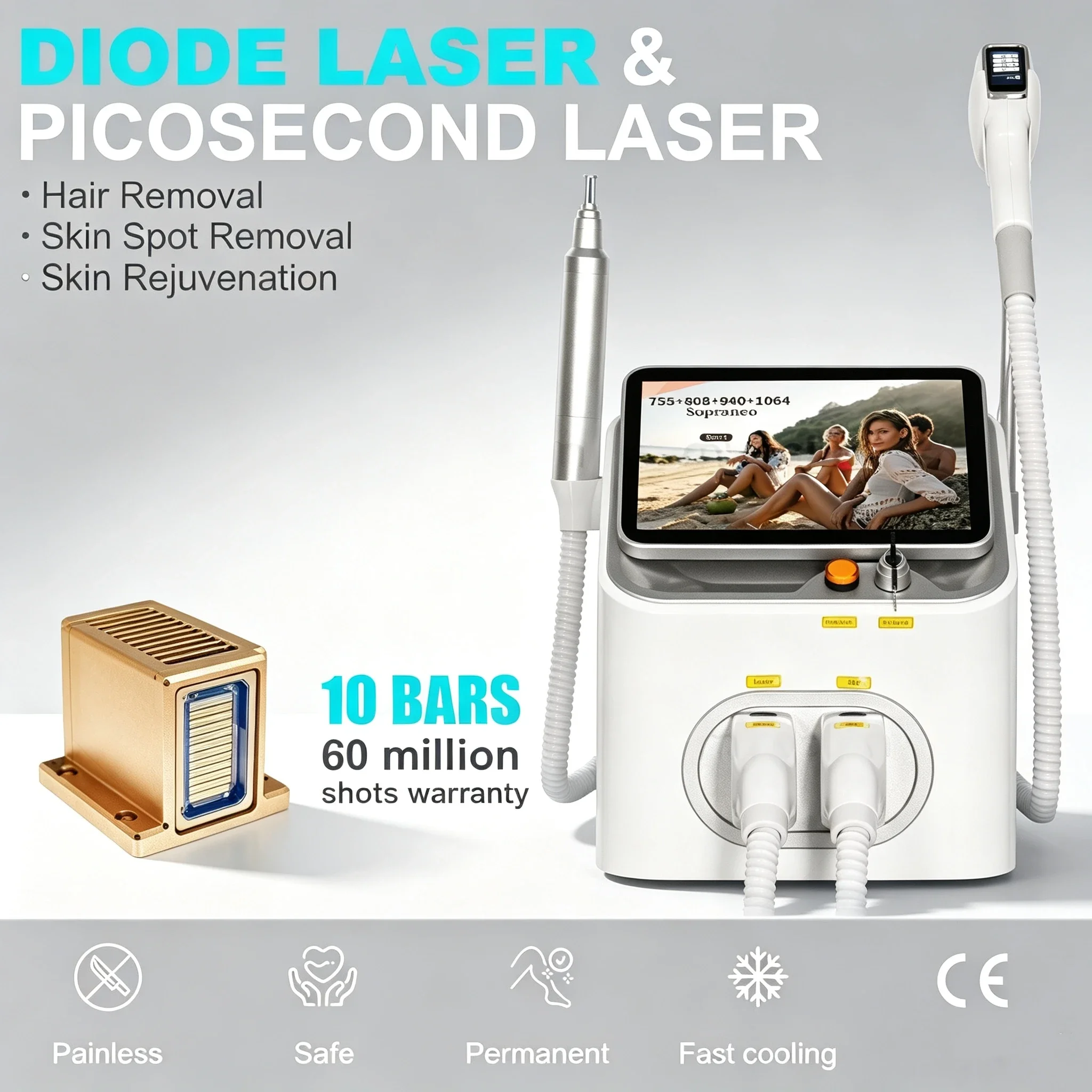5000W Professional 2IN1 Diode  4 Waves 10Bars Hair Removal Machine Picosecond Qswitch ND YAG 1064NM Tattoo Removal Machine