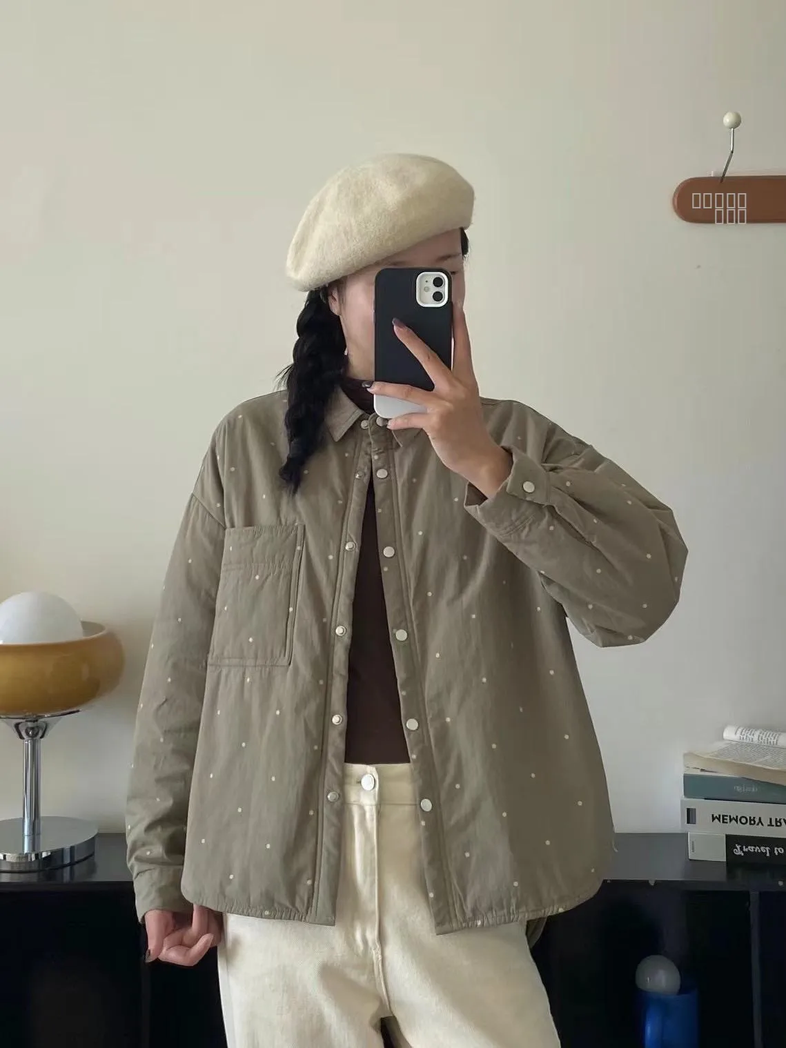 

Autumn Winter Polka Dot Long Sve Cotton irt Stand Collar k Button Large ket Front ort Ba Long Side Slit Thin C...