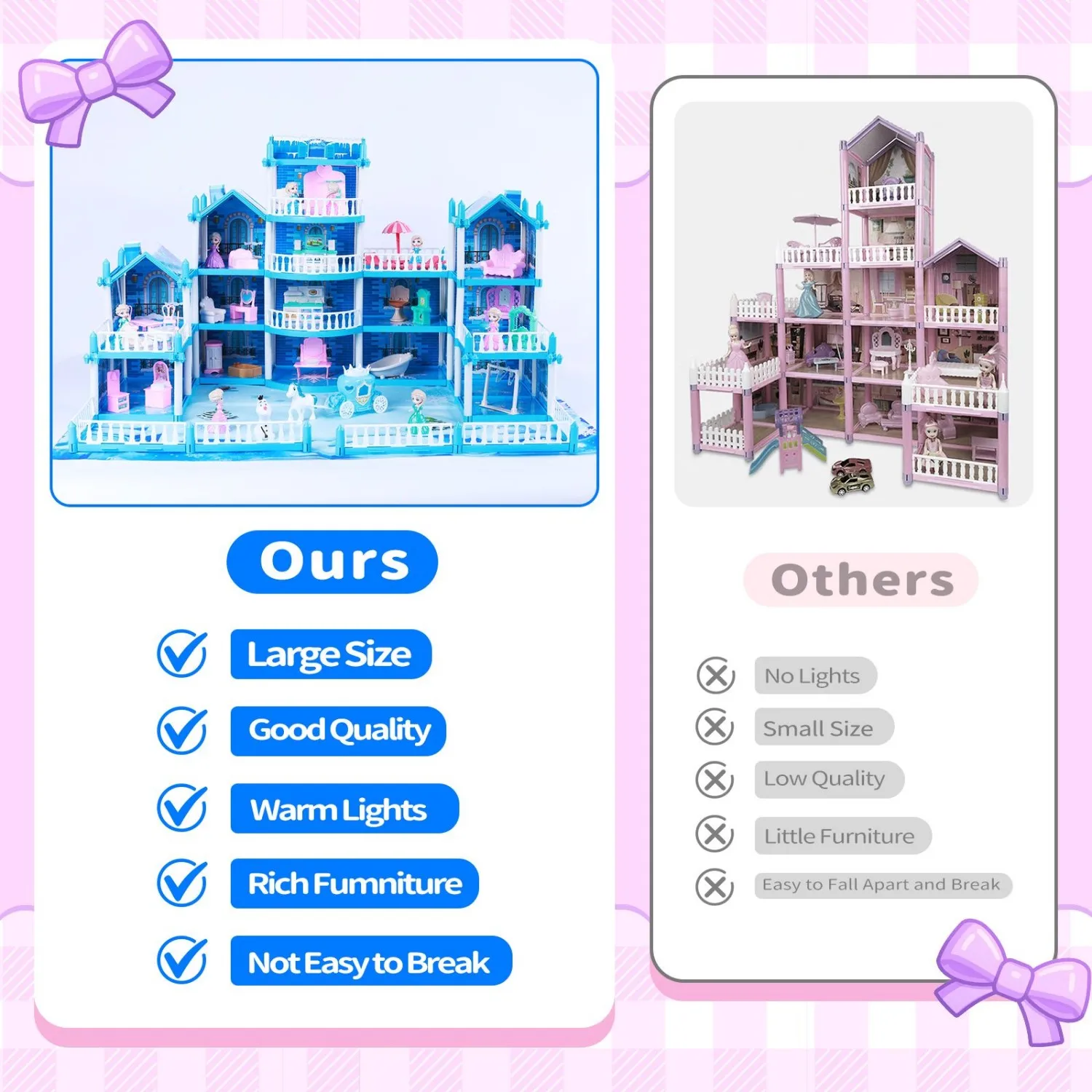 Blue Princess Dollhouse for Kids, 16-Room Portable Playset with Lights, Furniture & Accessories, Creative Role-Play Toy​