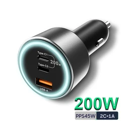 200W USB C Car Charger PD 100W Type-C Car Charger QC5 PPS 45W Super Fast Charging for MacBook Pro iPhone 15 Samsung S22 Laptops