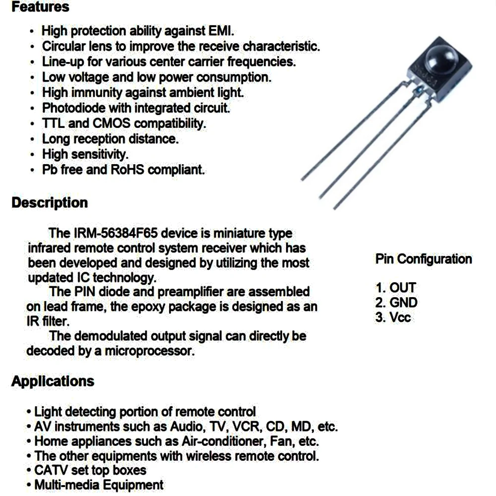 10PCS/Lot IRM-56384(BY) IRM-56384F65  DIP-3 IRM56384  Infrared Remote Control Receiver For WIFI Wireless Received