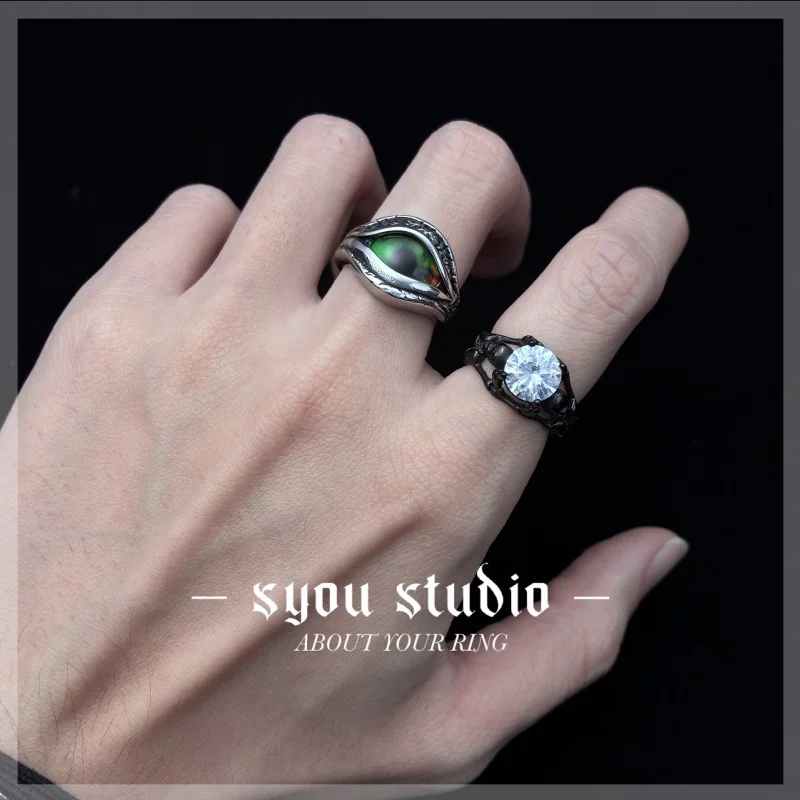 New Oval Green Colour Retro Devil\'s Eye Geometric Stainless Steel Ring Man Punk Rock Neutral Party Women Gift Jewelry Wholesale