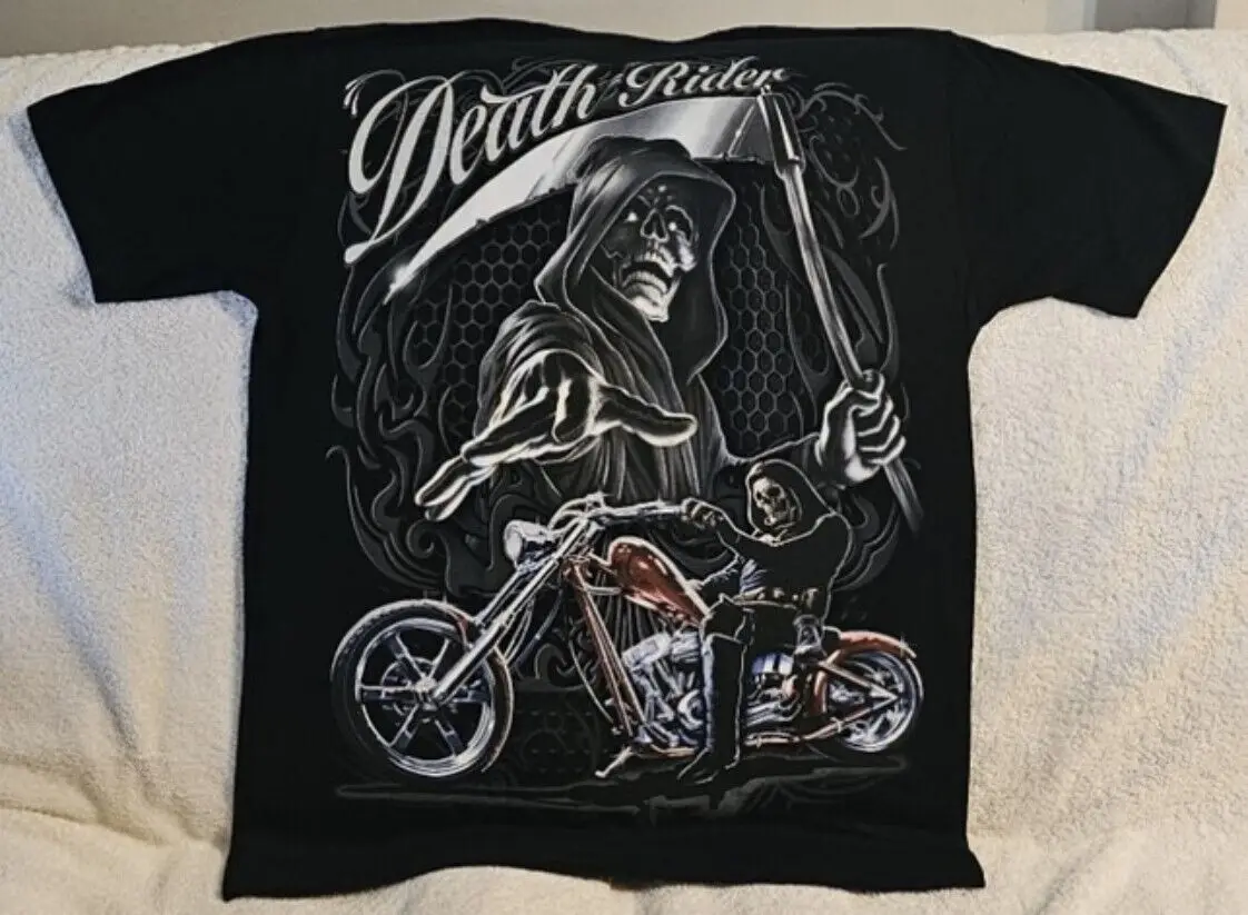 MOTORCYCLE GRIM REAPER SKELETON SCYTHE BIKER LOWRIDER DEATH RIDER T-SHIRT