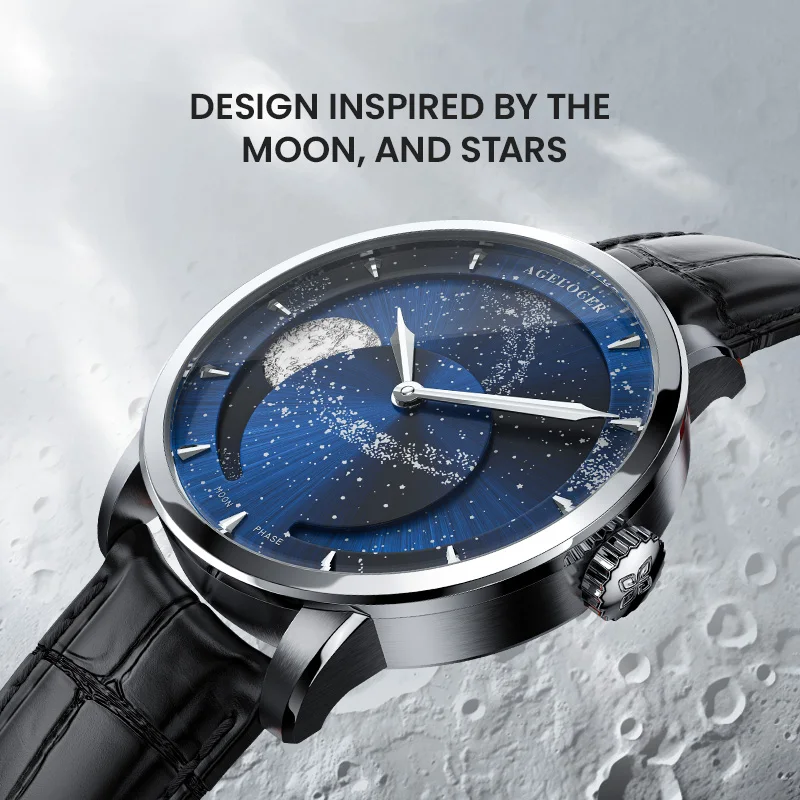 AGELOCER Real Moonphase Watches Men Sapphire Self-winding Mechanical Automatic Watch Power Reserve 80 Hour Moon phase Watch 40mm