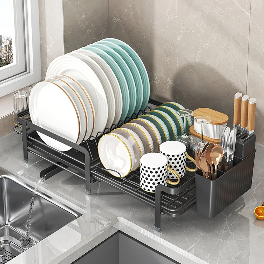 

Expandable Dish Drainer Rack with Drainboard, Utensil & Cup Holder, Kitchen Counter Dish Drying Rack, Black & White