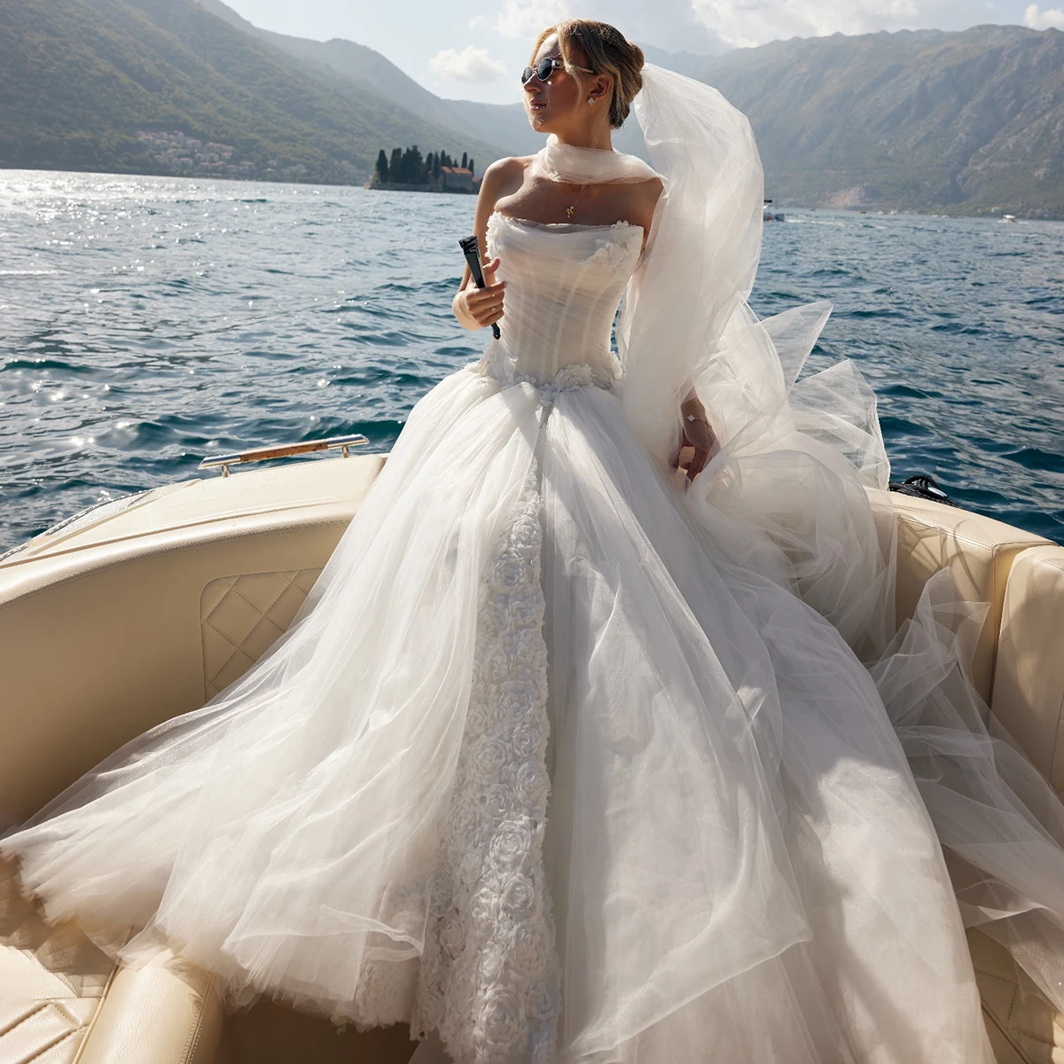 Drape Strapless Puffy Wedding Dress With Long Tulle Scarf Boned Ruched 3D Rosette Flowers Customized Plus Size Bridal Gowns