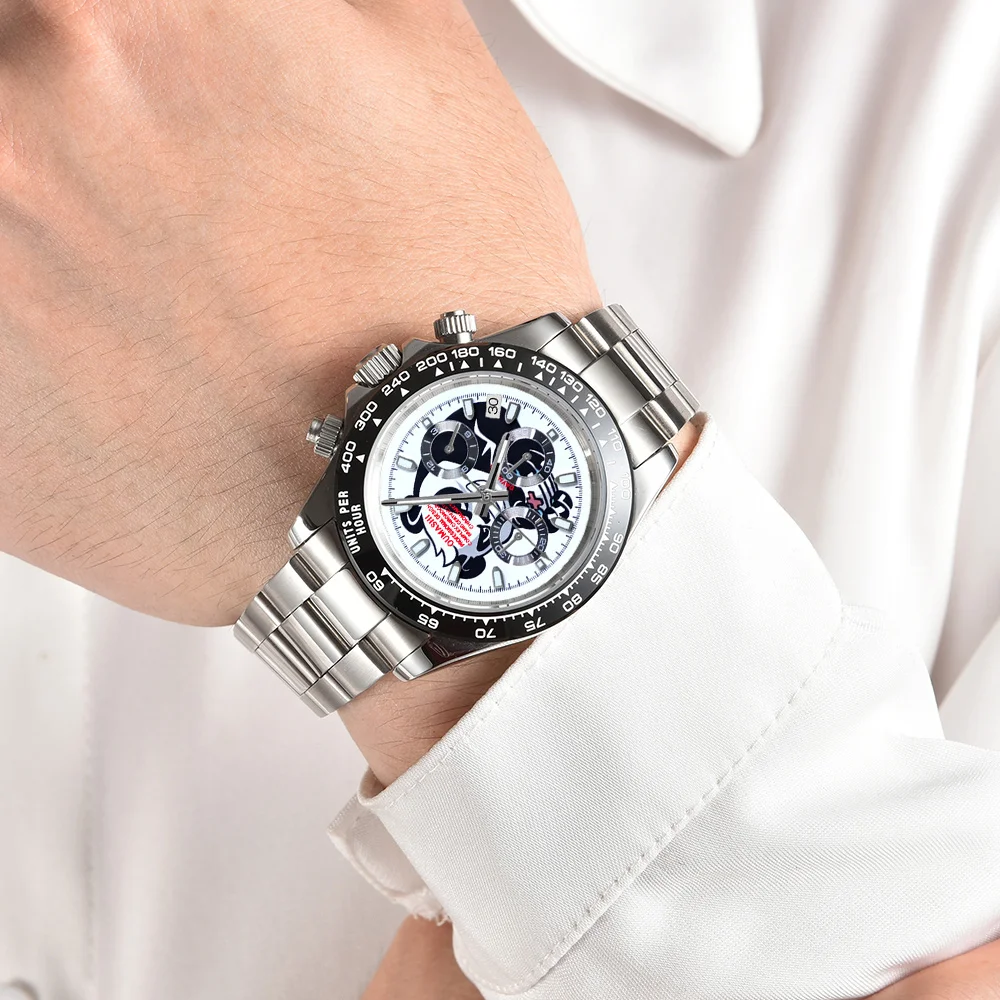 ที่กําหนดเอง VK63 นาฬิกา Chronograph กระจกแซฟไฟร์นาฬิกาผู้ชาย VK63 รูปแบบการพิมพ์การ์ตูนสแตนเลสนาฬิกาหน้าปัดสีขาว