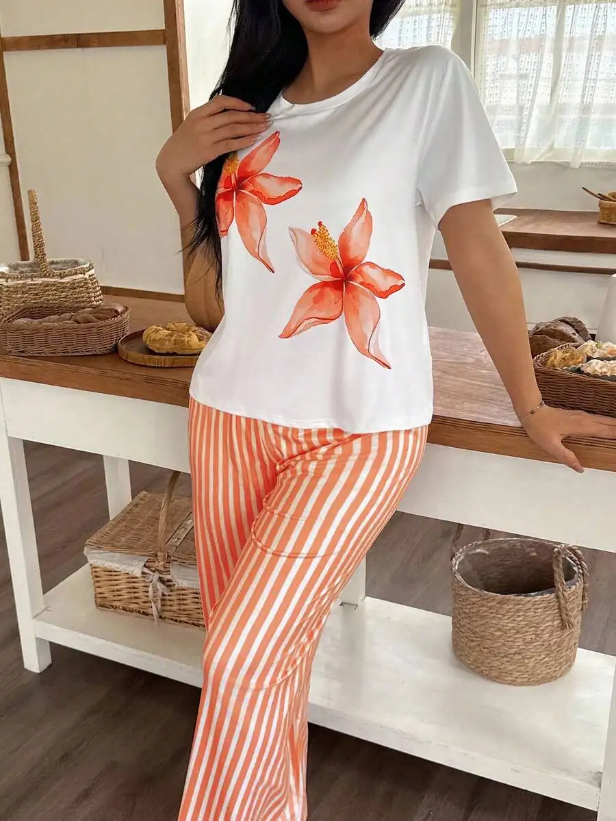Women Floral Print Pajama Set With Orange Striped Pants Short Sleeve Round Neck Summer Sleepwear