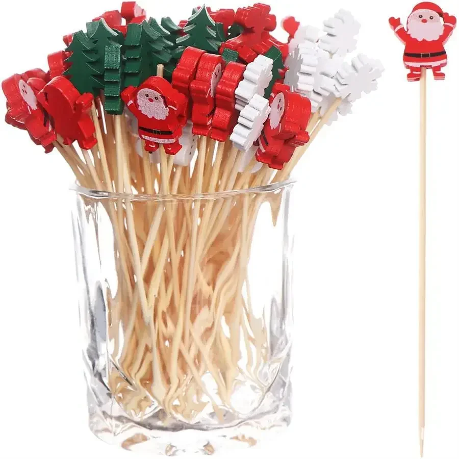 50Pcs Christmas Disposable Bamboo Skewers Santa Claus Snowman Pick Buffet Cupcake Fork Toothpick Christmas Party Decor Supplies