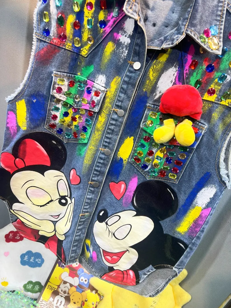 Popular Design Cartoon Beaded Sequins Graffiti Heavy Industry Denim Jacket Medium And Long New Autumn Loose Top Sleeveless Vest