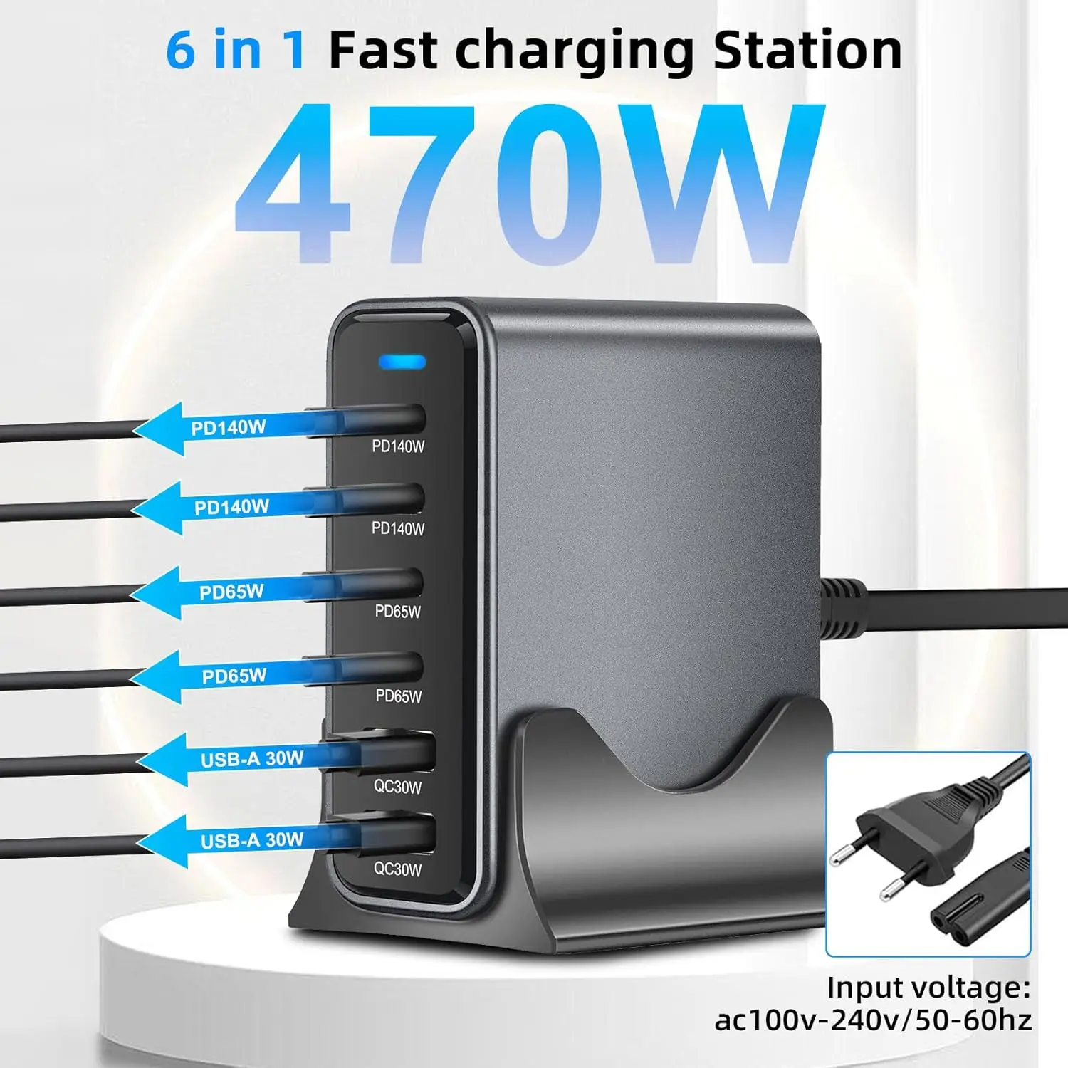 GaN 6‑Port Desktop Charging Station PD 140W Fast Charger 4USB‑C+2USB‑A Multi‑Port Power Adapter for Laptop Phone Tablet