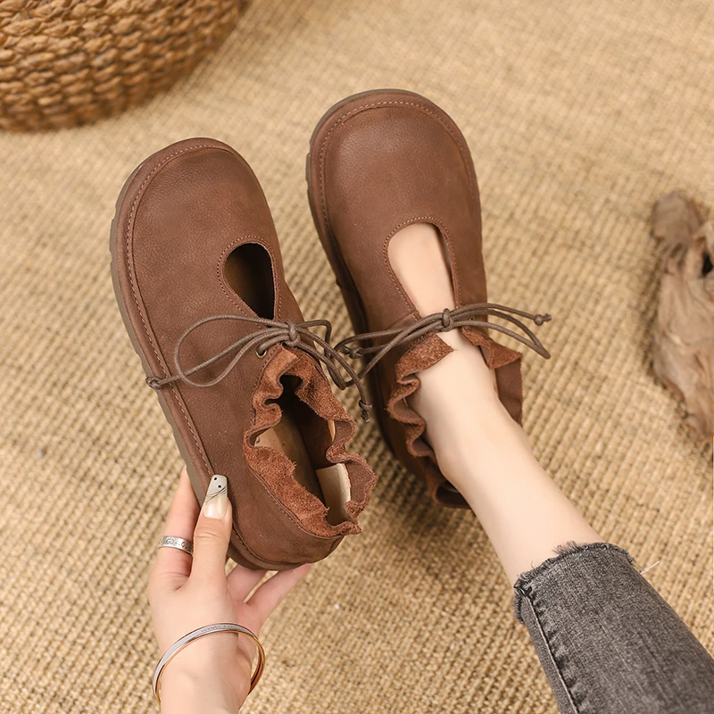 2024 Vintage Inspired Soft Leather Martin Boots Lace-Up Casual Shoes for Women British Style Bootie with Solid Flats