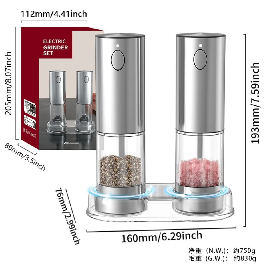 

Electric salt and pepper seasoning bottle grinder set with USB charging, adjustable thickness, large capacity automatic grinder