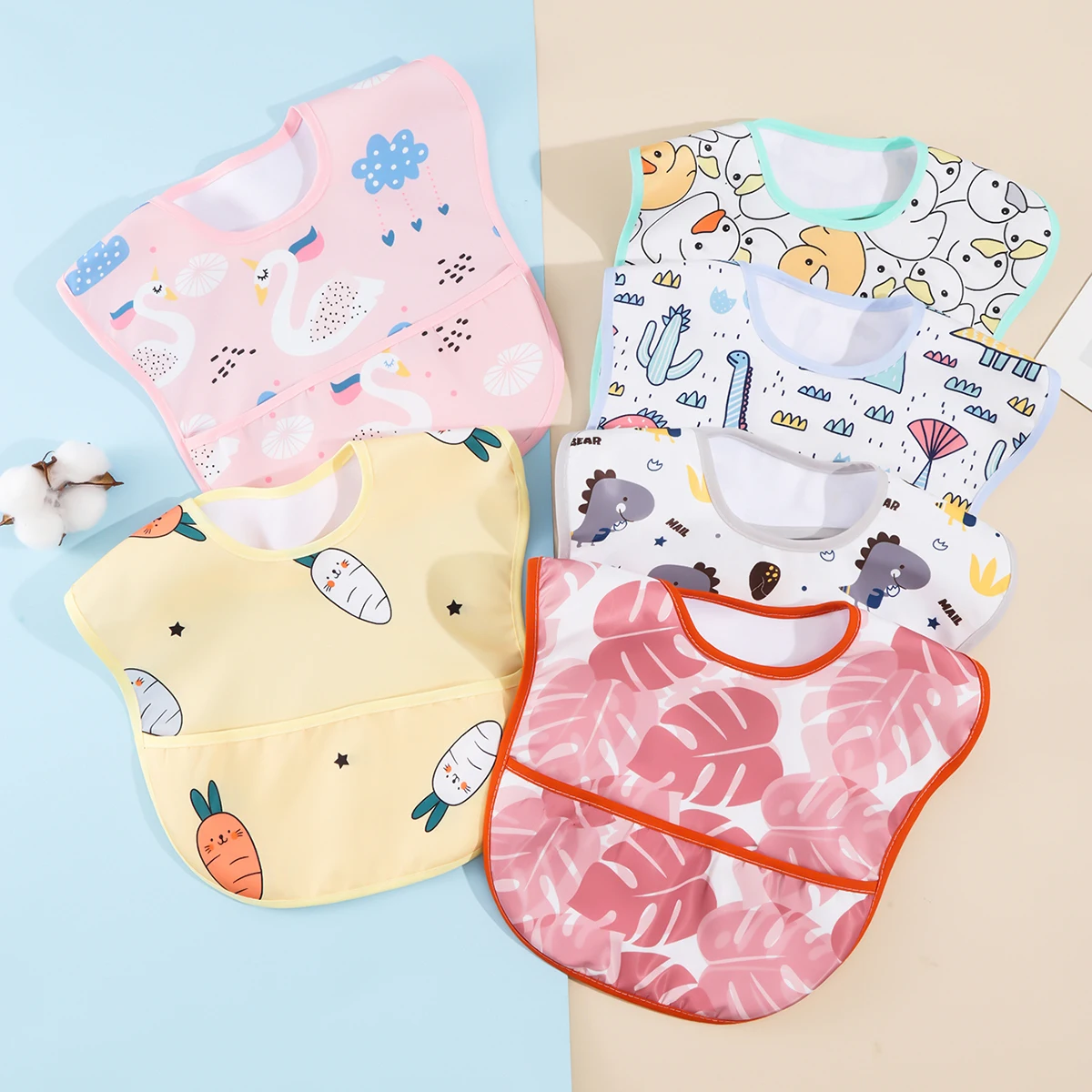 Cartoon Pattern Waterproof Pocket Lunch Feeding Bibs Adjustable Baby Bibs Cute Children Baby Apron Kids Burp Cloths