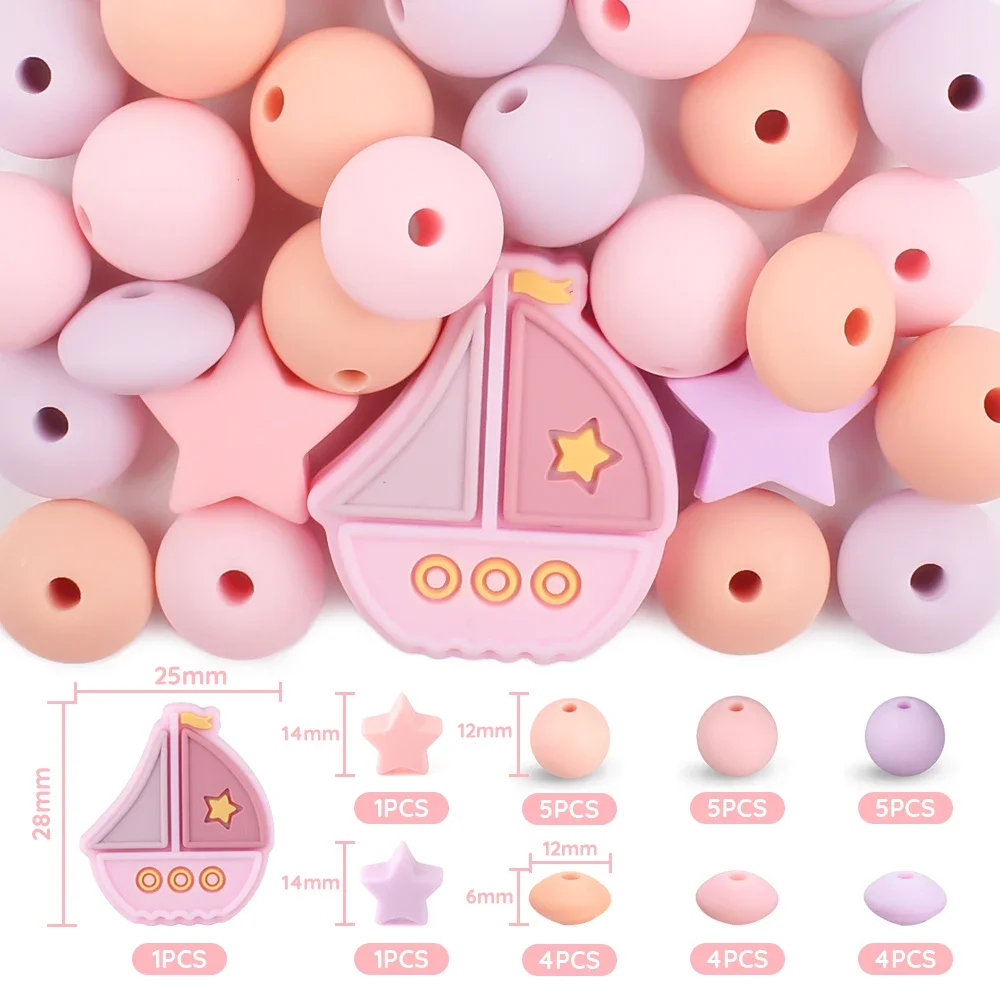 30Pcs/Pack Silicone Beads Series Sailboat Star Round Shape Beads Clips for DIY Chian Necklaces Bracelets Toys Pen Decor