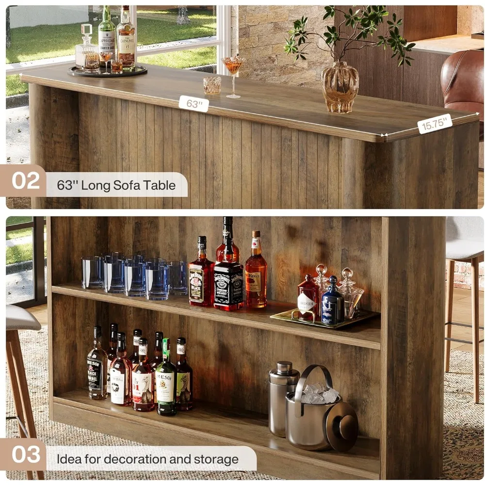 Unidade de bar doméstico de canto de 63 polegadas com armazenamento de 2 camadas para uso em cozinha e pub