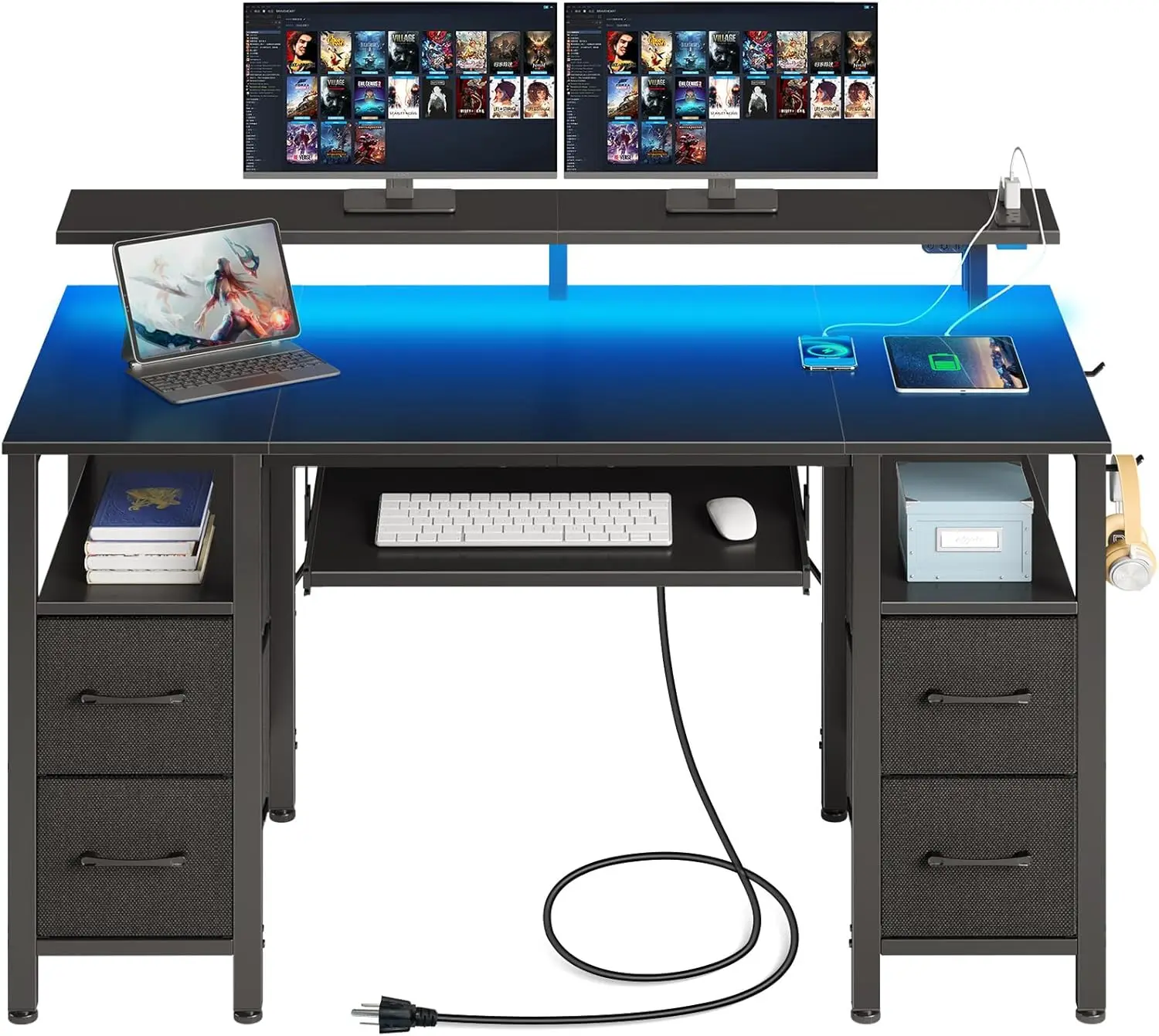 

Computer Desk 47.2" with LED Lights & Power Outlets, Home Office Desk with 4 Drawers, Writing Desk with Keyboard