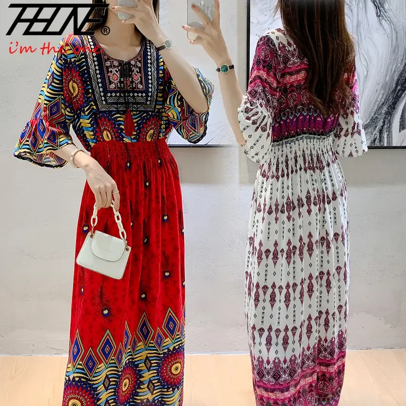 THHONE Women Dress Indian Loose Bohemian Korean Style Long Tassels Casual Vintage Vestidos Robe High Waist Round Neck Floral