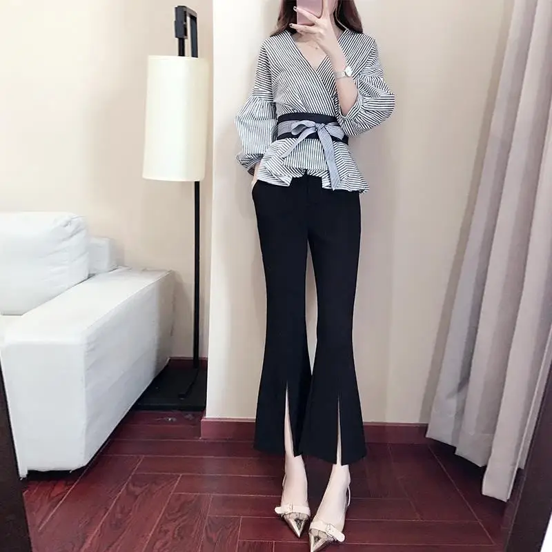 Single-piece/suit Women's Spring Autumn New Korean V-neck Stripe Shirt Wide Leg Pants