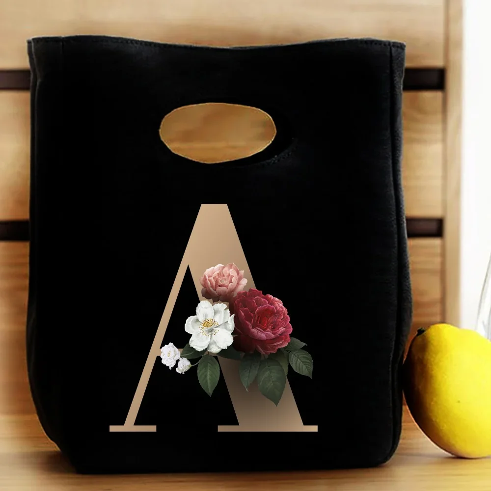 Women's Bag for Lunch Diner Container Bento Bowl Pouch School Lunchbox Tote Flowers Initial Letters Food Storage Handbag