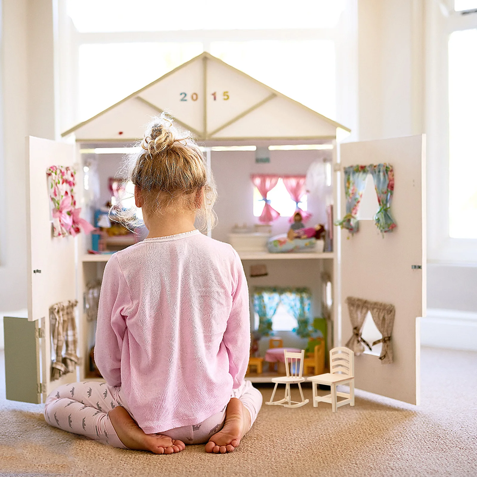 Mini mecedora de madera para niños, Kit de bricolaje, accesorios de muebles creativos y paciencia, decoración para casa de muñecas, 2 uds.