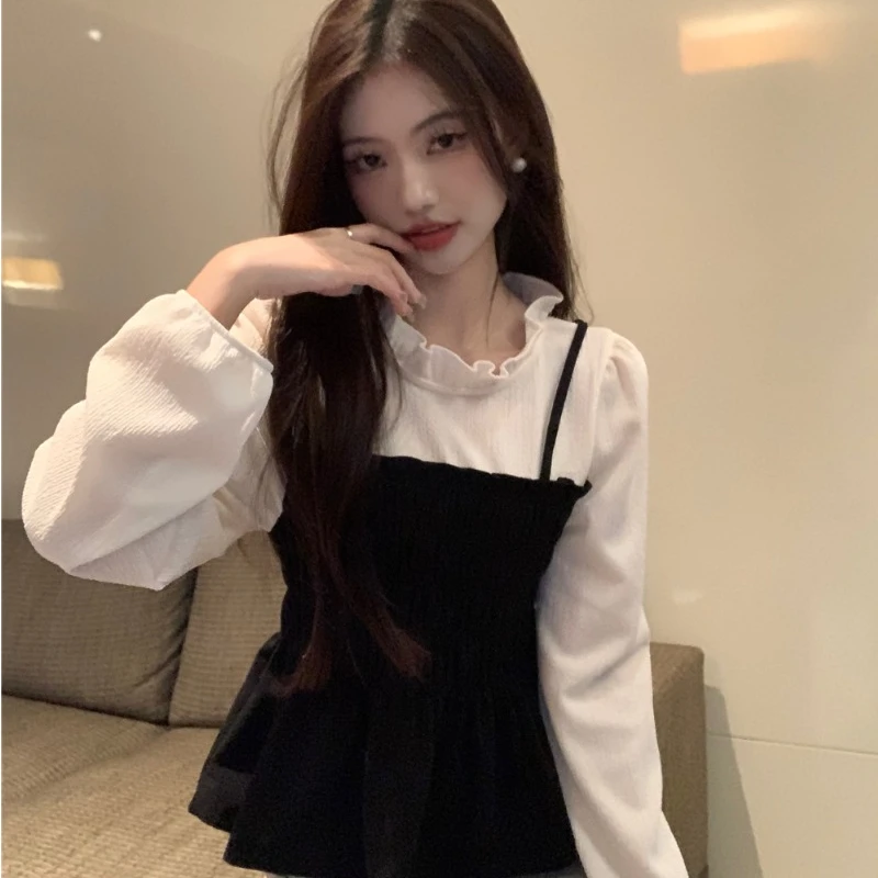 Corduroy Fake Two-piece T-shirt Women Autumn New Arrival Korean Fashion Long Sleeve Slim Tops Casual Versatile Thin Tops Female