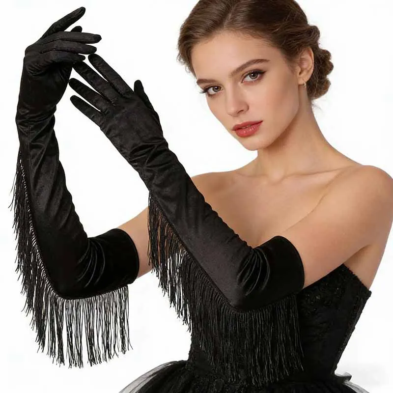 55cm Women Solid Stretch Satin Fringe Tassel Long Gloves Stage Performance Dance Opera Musical Party Cosplay Prom Club Wedding
