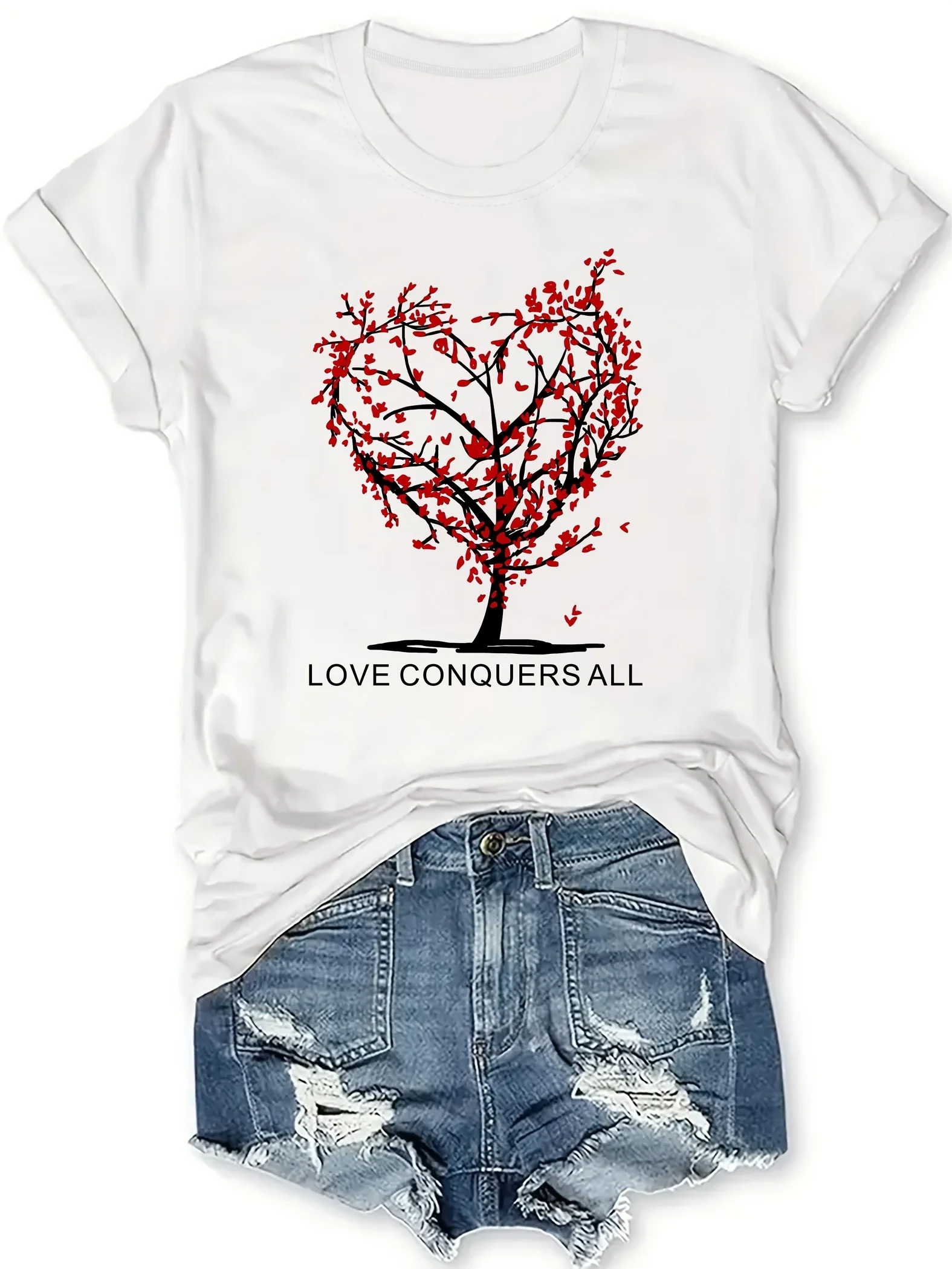 

Heart & Letter Print Crew Neck T-Shirt, Casual Short Sleeve T-Shirt For Spring & Summer, Women's Clothing