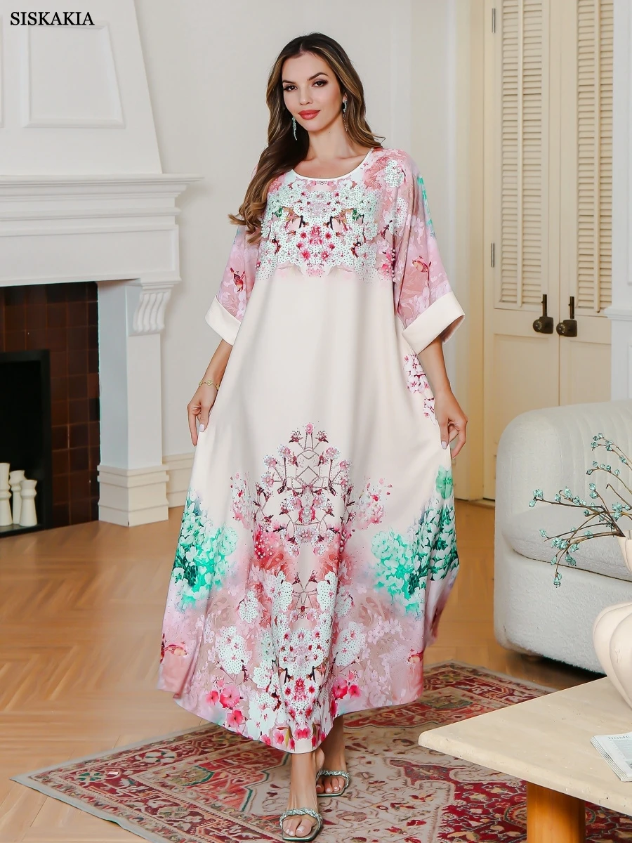 Sisakia dubaï dubaï imprimé fleuri Abaya avec strass robe musulmane col rond manches plis caftans