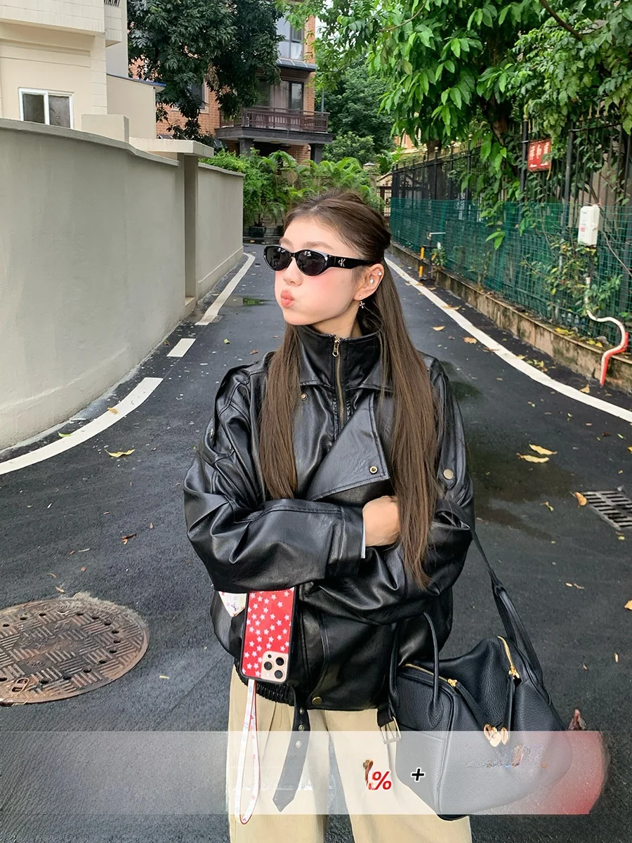 

American Sle Loose Women's Bla Leather Jaet Cool Casual Windproof Motorcycle Jaet Polyester Fiber Daily Wear