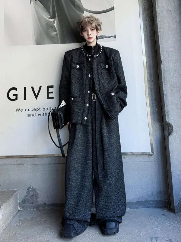 

Tangz Studio Men's Casual Tailored Suit Jaet And Pants Set Pearl Embellied Small Fraance Sle High-End Faion Two-Piece