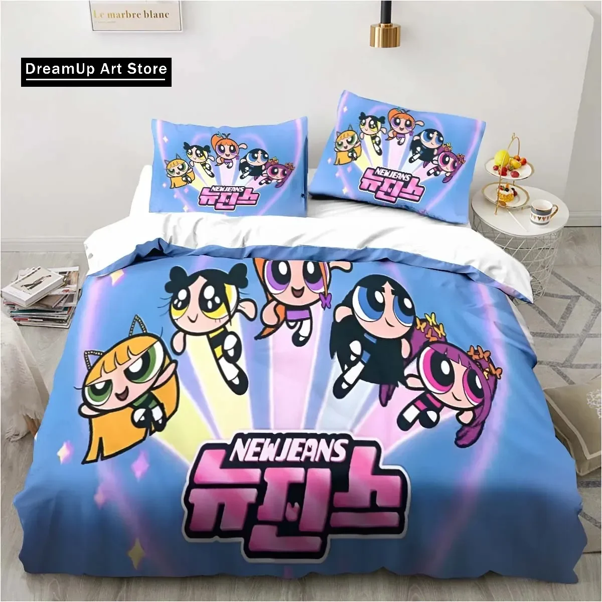 

Powerpuff Anime Grils Bedding Set Cute Cartoon Single Twin Full Queen King Size Bed Set Three-piece Bed Set Soft Duvet Cover Pil